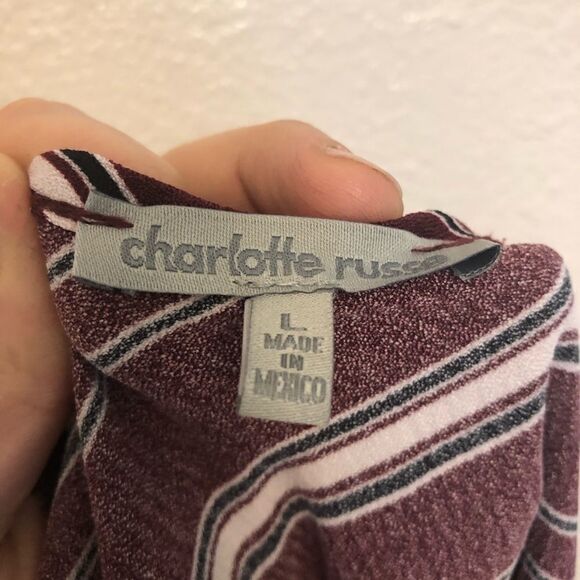 Charlotte Russe burgundy striped crop top blouse back zipper ruffled sleeve L - Picture 12 of 14